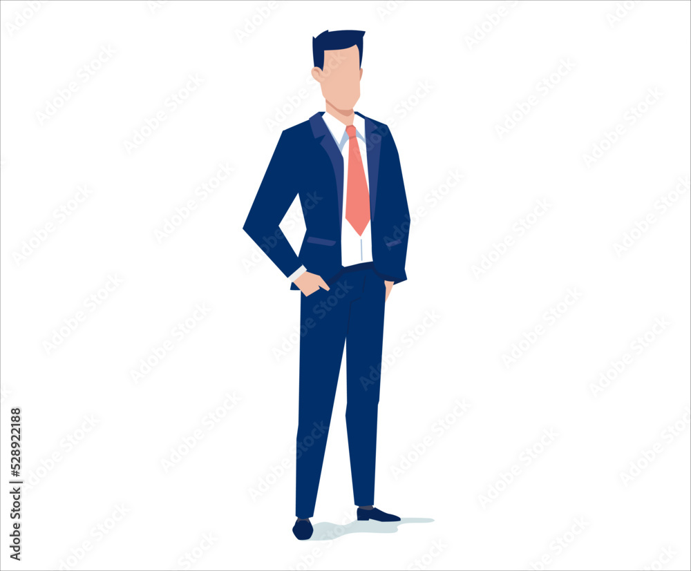 Vector business illustration of standing business man in a tie with hands in pants on white color background. Flat style design of man manager