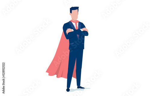 Vector business illustration of super business man in red cloak on white color background. Flat style design of hero man