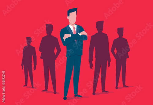 Vector business illustration of business team of man on red color background. Flat style design of super team manager