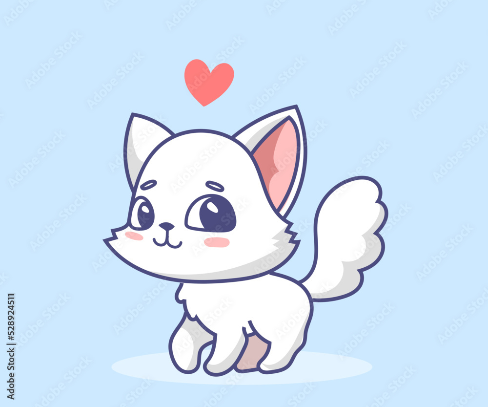 Vector illustration of happy cute white cat character with heart on blue color background. Flat line art style design of animal cat Vector illustration of happy cute white cat character with heart on blue color background. Flat line art style design of animal cat