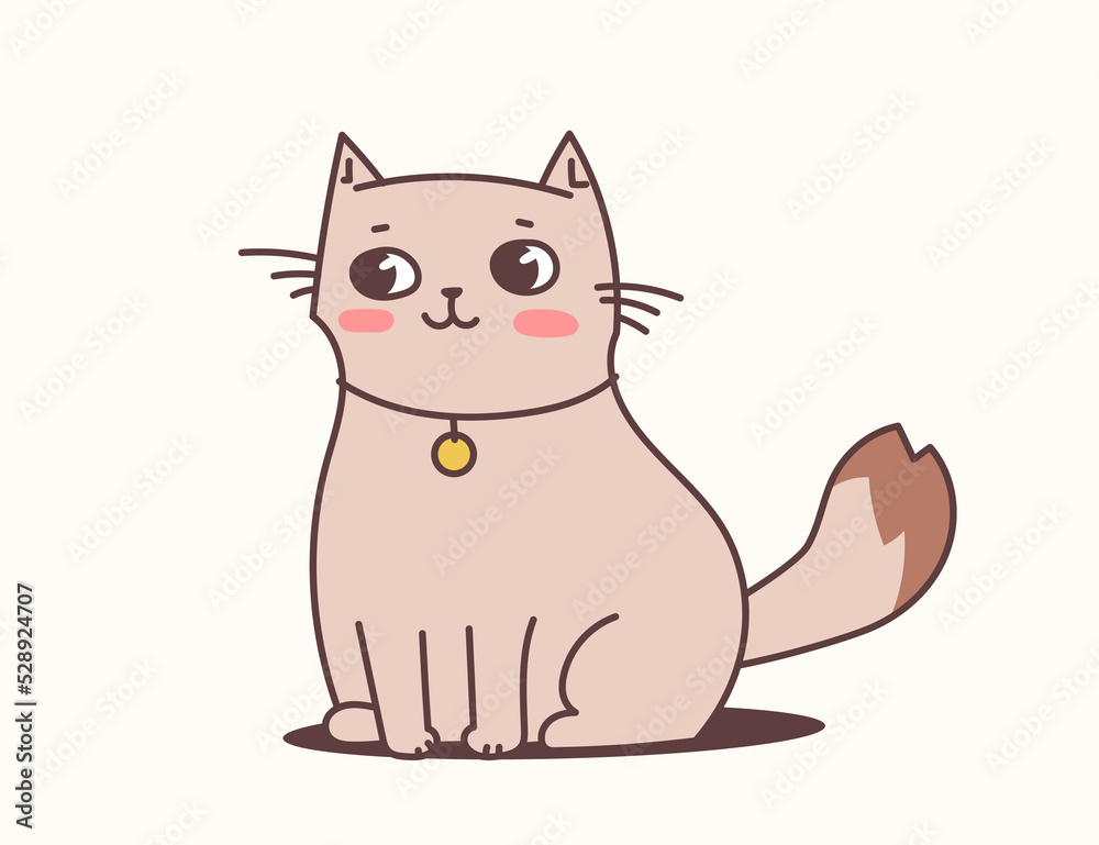 Obraz premium Vector illustration of happy cute cat character in collar on light color background. Flat line art style design of sitting animal cat
