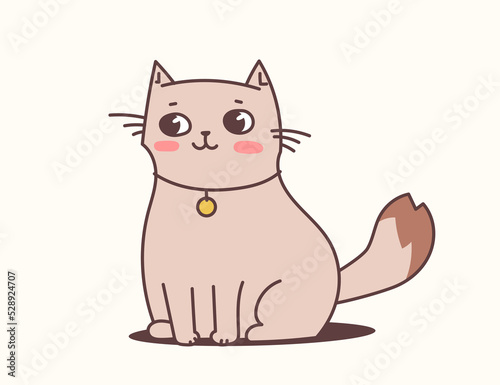 Fototapeta Naklejka Na Ścianę i Meble -  Vector illustration of happy cute cat character in collar on light color background. Flat line art style design of sitting animal cat