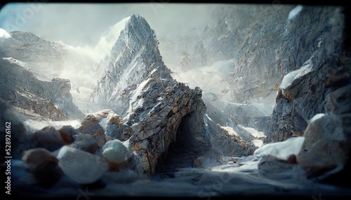 Foto Mountain cave with snow in the winter season, high cliffs and ice peaks