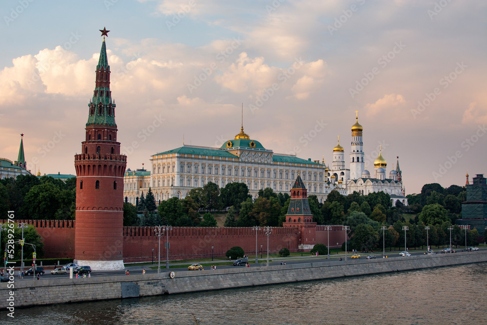 MOSCOW, Russia - AUGUST 25, 2022 : Moscow Kremlin and Kremlin Embankment in Moscow, Russia.