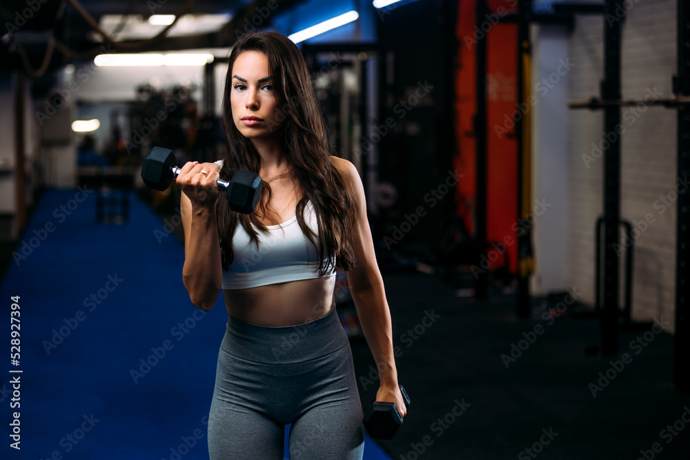 Fototapeta premium Young fit beautiful woman doing exercises with dumbbell in fitness club.