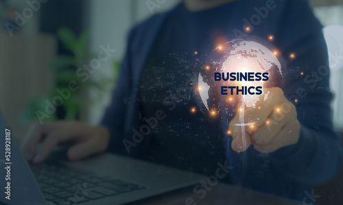 Business ethics concept. Ethical corporate culture, business integrity, moral principles and good governance policy. The standards for morally right and wrong conduct in business.