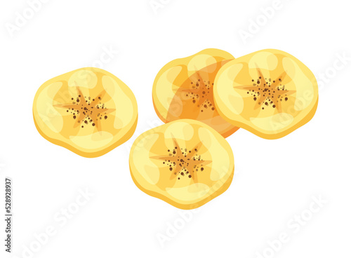Banana dried fruit isolated on white background. Vector illustration of sweet dried banana in flat style. Icon  of banana. Healthy snacks. Cartoon style. Banana chips