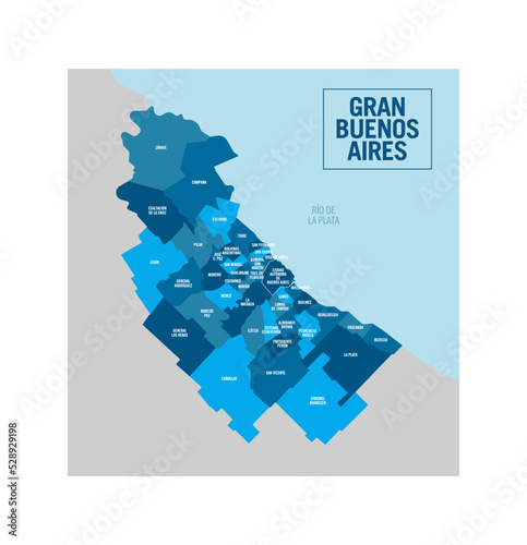 Greater Buenos Aires, Gran Buenos Aires city political map, Argentina. City and metropolitan area of the capital city. Detailed vector illustration with isolated departments easy to ungroup.