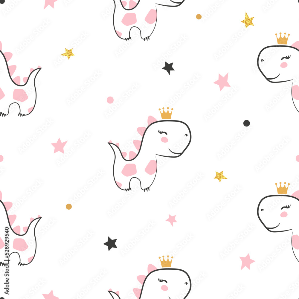 Seamless dinosaur princess pattern. Vector cute dino animal illustration for kids.