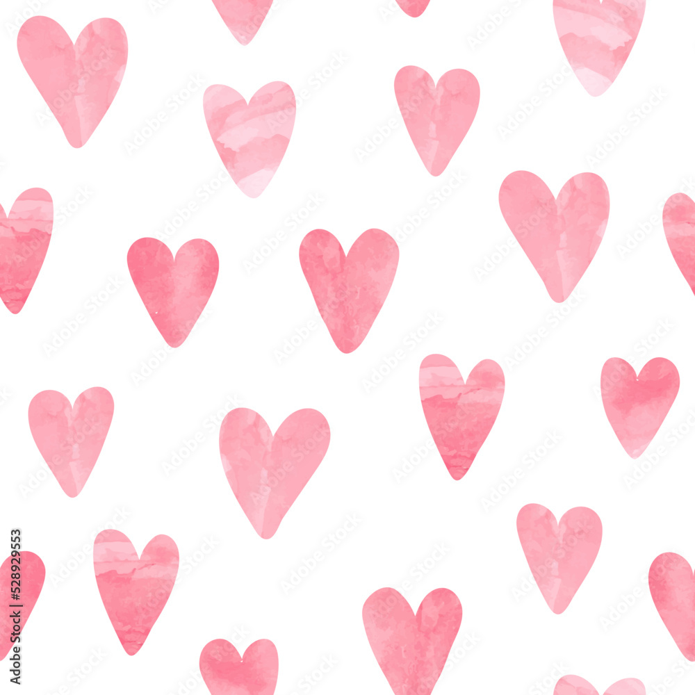 Pink hearts pattern. Valentines Day seamless print with watercolor hearts.