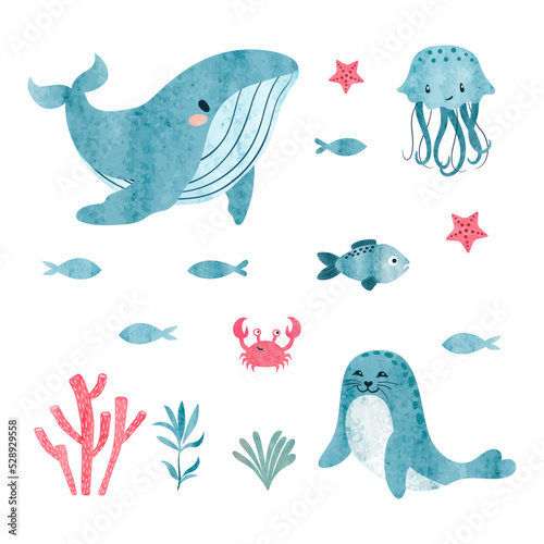 Sea animals set. Whale, seal, jellyfish and seaweeds. Vector marine watercolor illustration.
