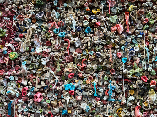 Close up of the famous gum wall in Seattle makes a nice smell in the alley. The wall is located close to Pike Place Market