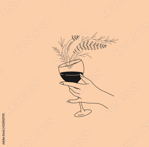 Poster or card with different woman hands gestures hold wineglass or drink with floral elements. Smell of wine like branches and blooming flowers. Vector concept