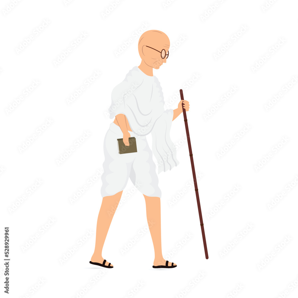 Side View Of Mahatma Gandhi (Bapu) Standing With Stick On White Background. Side View Of Mahatma Gandhi (Bapu) Standing With Stick On White Background.