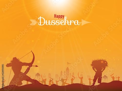 Happy Dussehra Celebration Concept With Lord Rama Taking An Aim Against Demon Ravana On Sunshine Battleground View.
