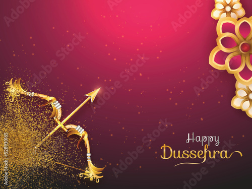 Happy Dussehra Celebration Concept With Golden Archer Bow, Arrow And Flowers On Gradient Pink Lights Effect Background. photo