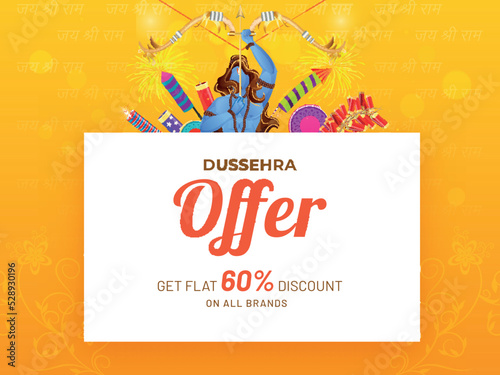 Up To 60% Off For Dussehra Sale Poster Design With Lord Rama Taking An Aim And Firecrackers.