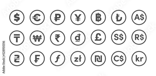 World currency icons set. Simple euro, dollar, pound, franc, ruble, yen, rupee, yuan, won, lira and other currencies signs. Vector money symbols collection for web, apps, design.