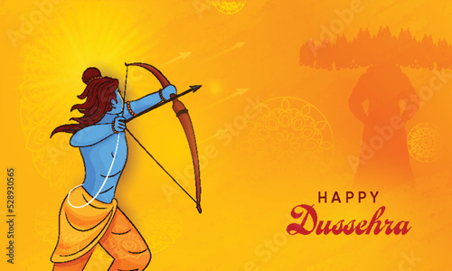 Happy Dussehra Celebration Concept With Lord Rama Killing Demon Ravana On Orange Background.
