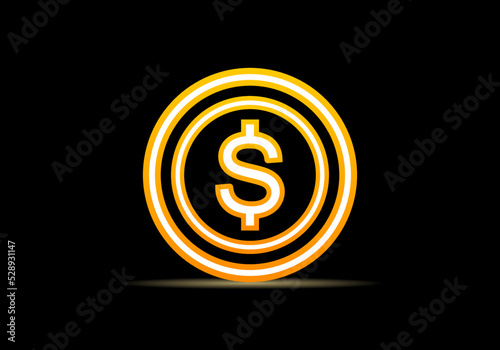 Golden dollar coin money neon light glowing on black background icon vector design.