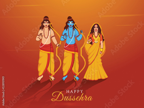 Happy Dussehra Concept With Hindu Mythology Lord Rama, His Wife (Sita), Little Brother (Lakshman) Against Orange Background.