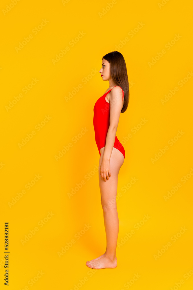 Profile side full body photo of stunning lady wait queue buying exotic drinks resort isolated shine color background