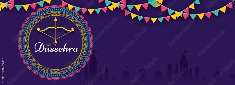 Happy Dussehra Lettering With Archer Bow, Arrow Over Mandala Frame And Bunting Flags On Purple Silhouette Ayodhya View Background.