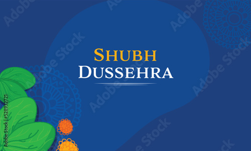 Shubh Dussehra Font With Marigold Flowers And Betel Leaves On Blue Mandala Background.