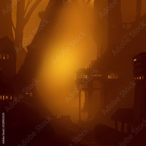 silhouette building, concept art, in the city, house, home, sunset, sunrise 