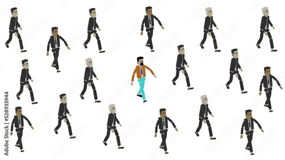 Walking people crowd. Businessmen walk cycle. One person is standing out from the rest of the people. Cartoon 3D animation Walking people crowd. Businessmen walk cycle. One person is standing out from the rest of the people. Cartoon 3D animation