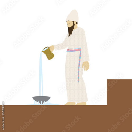 A painting of a Jewish priest pouring water on top of the altar in King Solomon's Temple in Jerusalem. wearing a uniform. On the Sukkot holiday at the 