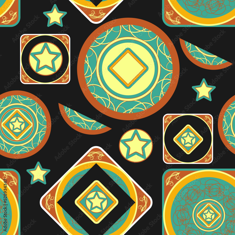 Seamless pattern with original decorative elements on a black background. Vector illustration