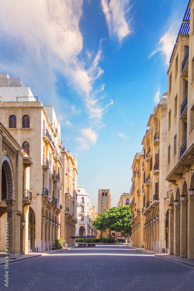 A view of the clock tower in Nejmeh Square in Beirut, Lebanon, some local architecture of downtown Beirut, Lebanon