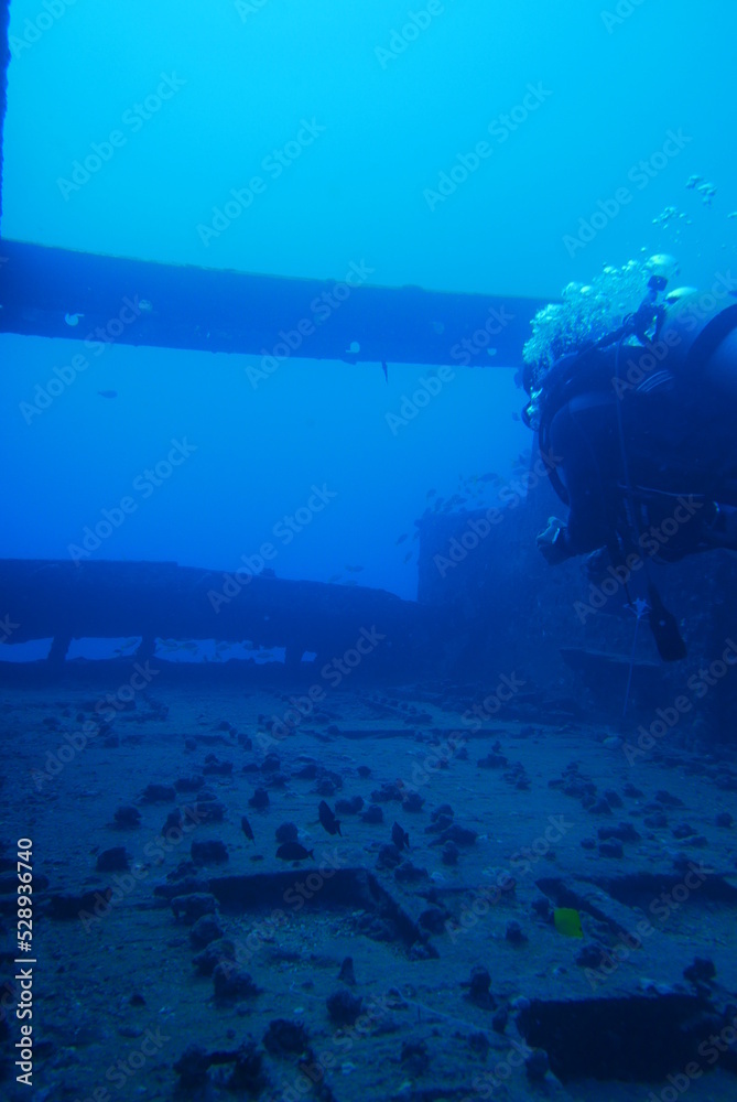 Fototapeta premium The Seatiger shipwreck when SCUBA diving off of Oahu. Wreck diving adventures with Oahu Diving, your wreck dive specialist.