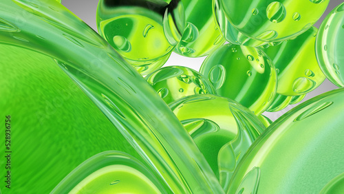 Green water drops. Abstract water with bubbles. 3D illustration