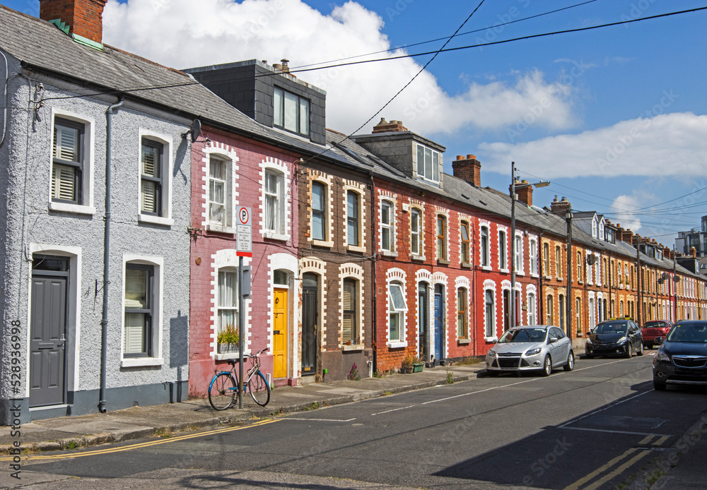 Colourful Terraced housing and parking along the South East of Dublin 
