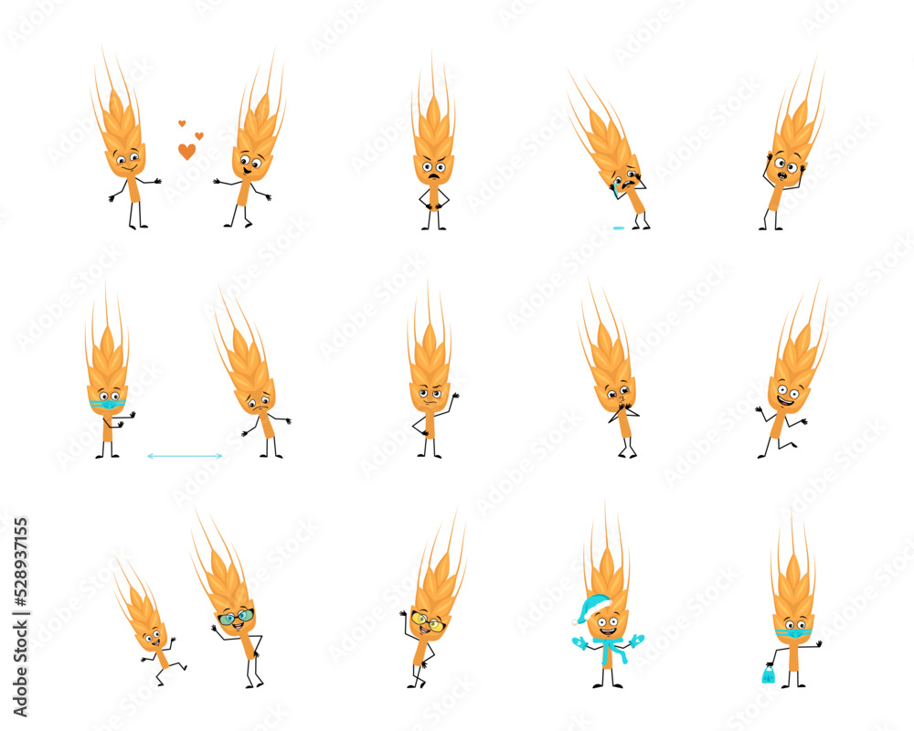 Set of cute ear of wheat character with happy or sad emotions, panic, love or brave face, hands and legs. Healthy cereal with expression and posture with mask glasses or hat. Vector flat illustration Set of cute ear of wheat character with happy or sad emotions, panic, love or brave face, hands and legs. Healthy cereal with expression and posture with mask glasses or hat. Vector flat illustration