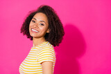 Photo of young attractive pretty nice girl wear striped t-shirt look you toothy girlish lovely empty space information isolated on pink color background
