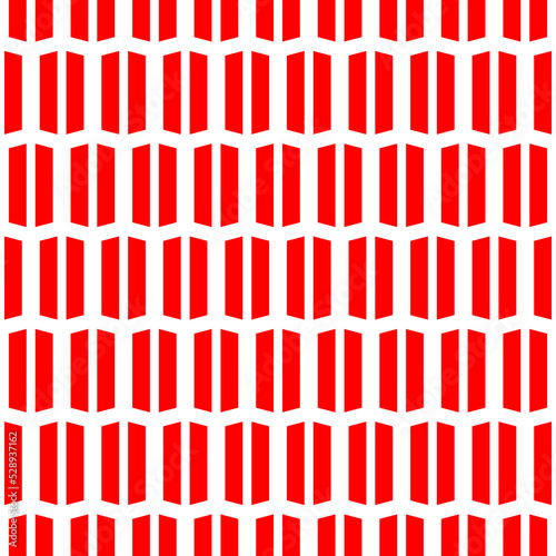 Repeated red geometric figures on white background. Seamless surface pattern design with symmetrical quadrangles ornament. Polygons wallpaper. Strokes and lines motif. Digital paper with stripes.