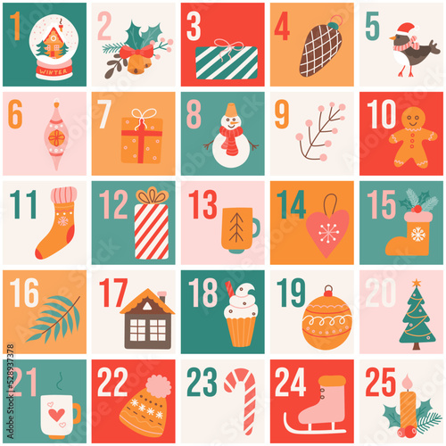 Christmas Advent calendar with various holiday symbols. Flat illustration in hand drawn style