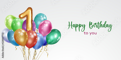 Festive birthday illustration with colored helium balloons, big number 1 golden foil balloon and inscription Happy Birthday on white background