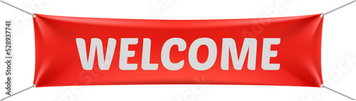 Welcome banner. Hanging realistic red canvas mockup
