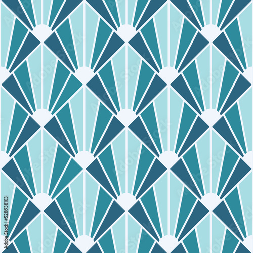 Art Deco fan pattern in blue color. Luxury ornamental geometric decor. Interior design wallpaper. 