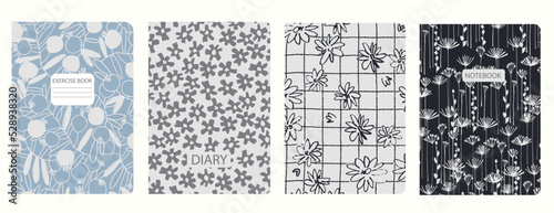 Set of cover page templates with hand drawn flowers, branches, leaves. Based on seamless patterns. Backgrounds for notebooks, notepads, diaries. Headers isolated and replaceable