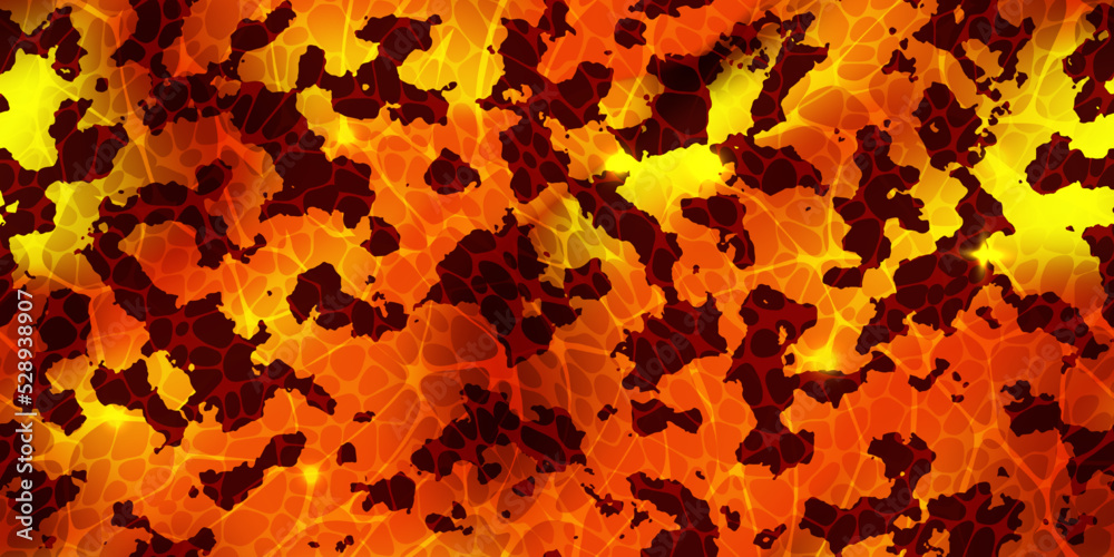 Seamless texture of magma surface top view. Volcanic lava with cracked ground pattern. Hot Broken crust with liquid flame. Abstract vector background. Molten stones. Volcano eruption wallpaper