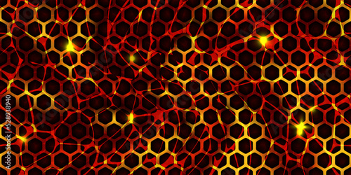 Seamless lava pattern with cracked honeycomb ground texture. Hot magma surface top view. Broken crust with liquid flame. Abstract vector background. Volcanic molten stones. Volcano eruption wallpaper