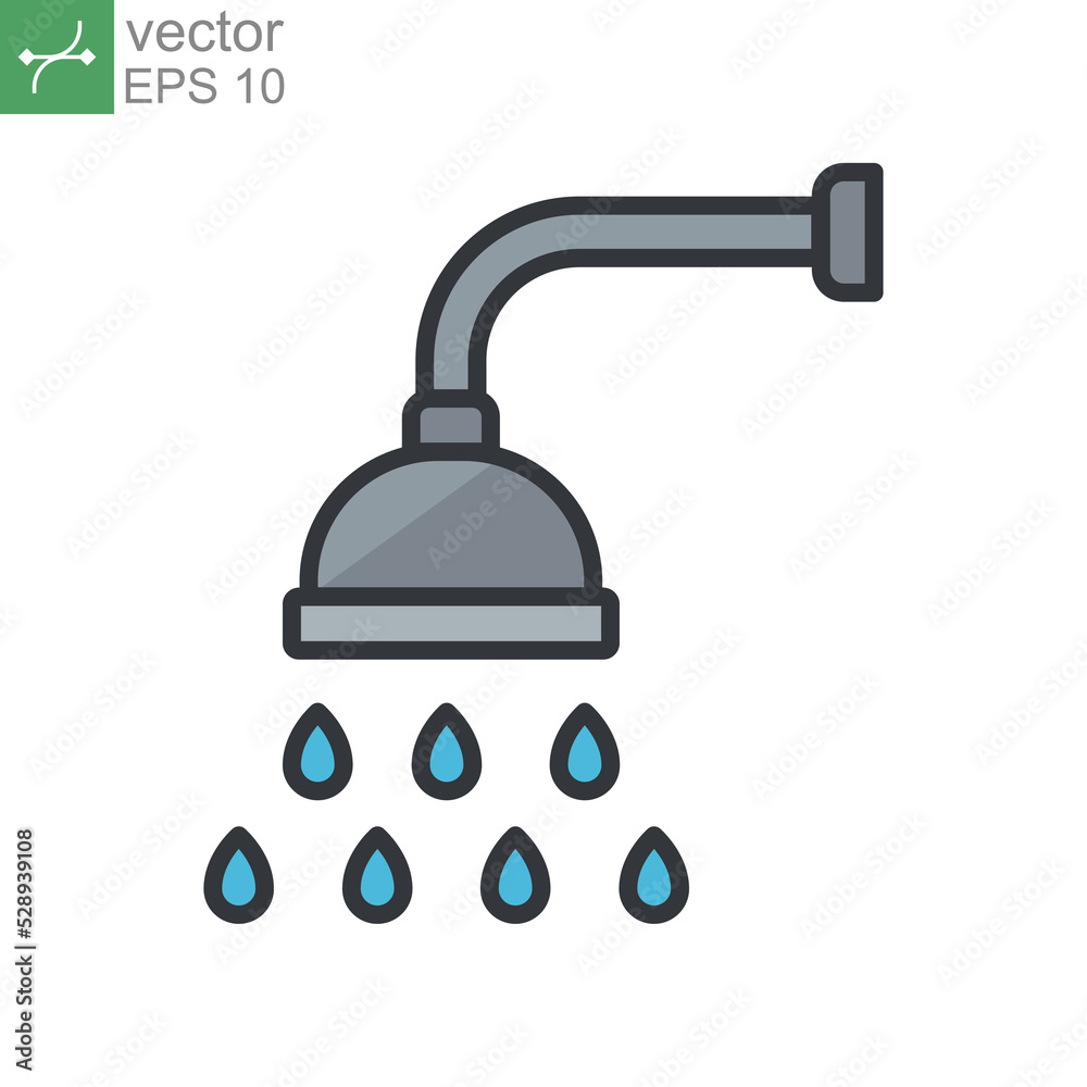 Shower icon. Showerheads simple with water drops, shower head, Bathroom, Bath time sign  for your web site and mobile apps. filled outline style. Vector illustration design on white background. EPS 10