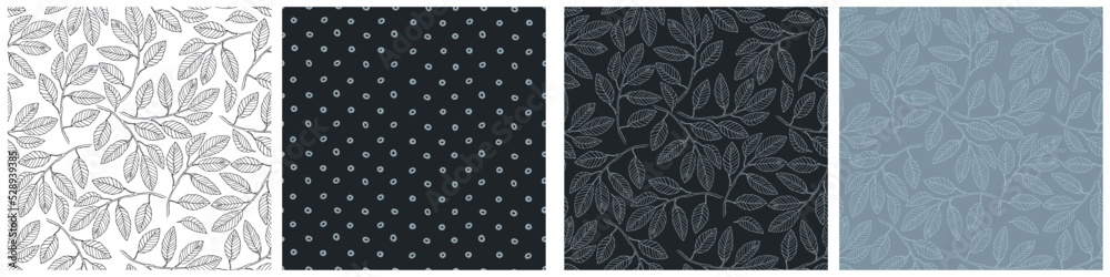 Seamless patterns set with elm tree branches and leaves on light background for surface design, wallpaper, fabrics, home decor. Monochrome pastel realistic line art Seamless patterns set with elm tree branches and leaves on light background for surface design, wallpaper, fabrics, home decor. Monochrome pastel realistic line art