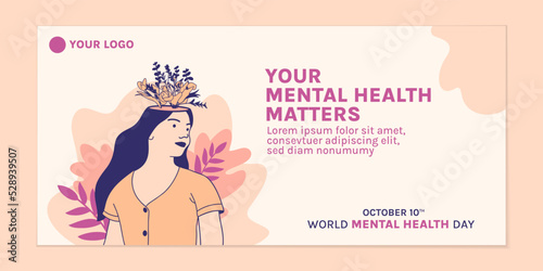Illustrations beautiful flower inside female head for  world mental health day banner template