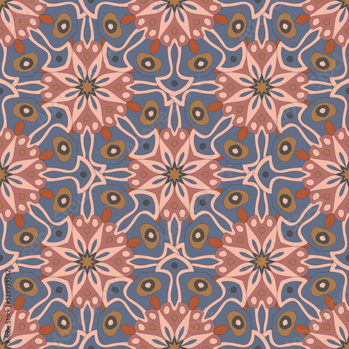 Fantasy abstract seamless pattern with mandala flower. Mosaic, tile, polka dot.